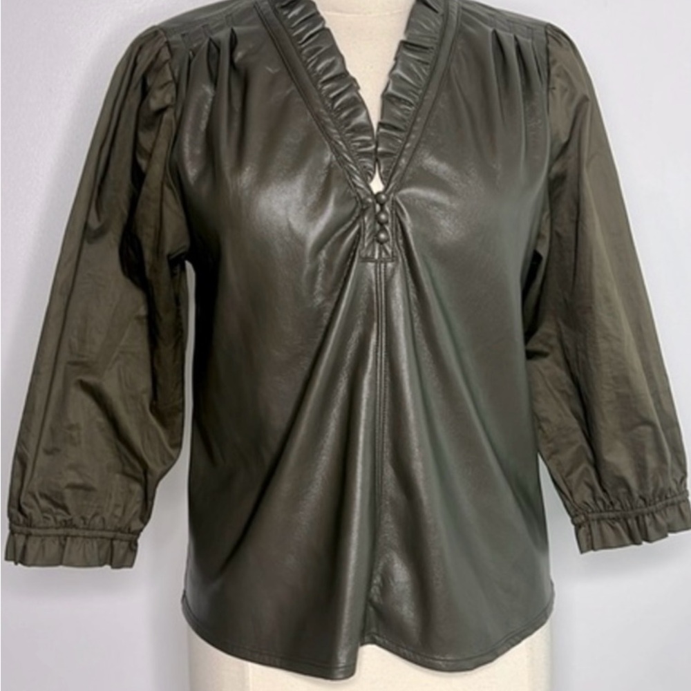 MELISSA NEPTON Olive Green Faux Leather  Blouse size Large